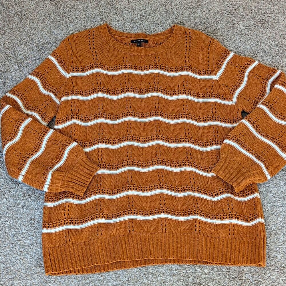 Staccato Textured Stripe Pointelle Open Knit Sweater Brown White Medium